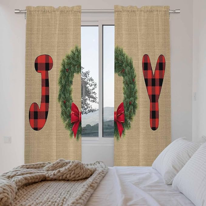 Red Green Christmas Window Curtains 72 Inch Long 2 Panel Set, Rod Pocket Long Curtains & Drapes, Xmas Botanical Winter Farmhouse Light Filtering Window Treatment for Bedroom Living Room 52"W x 72"L