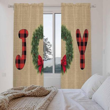 Red Green Christmas Window Curtains 72 Inch Long 2 Panel Set, Rod Pocket Long Curtains & Drapes, Xmas Botanical Winter Farmhouse Light Filtering Window Treatment for Bedroom Living Room 52"W x 72"L
