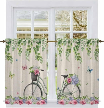Farmhouse Spring Kitchen Curtains, Retro Bicycles Flowers Vines Butterfly Light Filtering Window Curtain Panels, 2Pcs Rod Pocket Window Treatments Set for Study Room Bathroom Bedroom 52x54 Inches