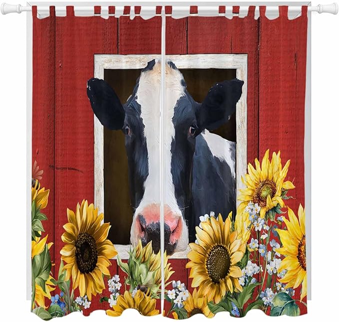 Cow Sunflowers Living Room Curtains 84 Inch Length, Window Curtains Tab Top, Botanical Floral Leaves Bees Farm Barn Light Filtering Window Treatments Drapes 52"x84" 2 Panel
