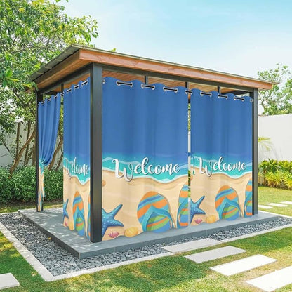 Summer Outdoor Curtains for Patio Beach Slippers Plumeria Waterproof Outside Curtains with Grommet Top Weatherproof Curtain for Cabana Pergola Gazebo, 1 Panel, 54" W x 95" L