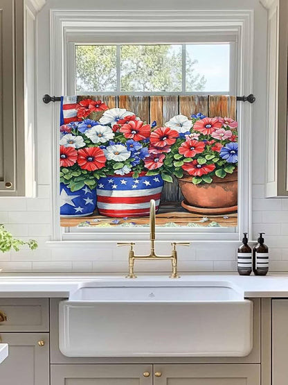 Sheer Curtains 54 Inch Length, Red Blue Flower Semi Sheer Curtains Light Filtering Window Treatment, Retro Independence Day Flag Wood Grain Privacy Voile Drapes for Living Room Bedroom 52x54 Inch
