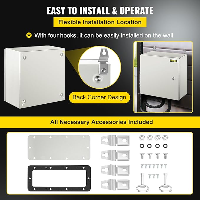 VEVOR NEMA Steel Enclosure, 16 x 16 x 8'' NEMA 4X Steel Electrical Box, IP66 Waterproof & Dustproof, Outdoor/Indoor Electrical Junction Box, with Mounting Plate