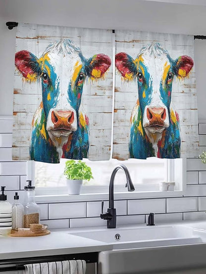 Sheer Curtains 45 Inch Length, Rustic Cow Semi Sheer Curtains Light Filtering Window Treatment, Vintage Colorful Animals Art Wooden Grain Privacy Voile Drapes for Living Room Bedroom 52x45 Inch