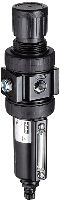 Parker 05E12A13AB One-Unit Combo Compressed Air Filter/Regulator, 1/4" NPT, Polycarbonate Bowl with Metal Bowl Guard, Manual Drain, 40 Micron, 30 scfm, Relieving Type, 2-125 psi Pressure Range, No Gauge