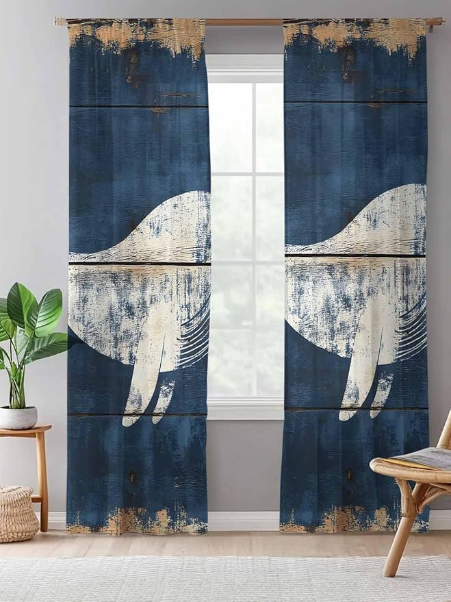 Sheer Curtains 84 Inches Long, Ocean Whale Blue Semi Sheer Curtains Light Filtering Window Treatment, Summer Sea Vintage Wooden Grain Privacy Voile Drapes for Living Room Bedroom 52x84 Inch
