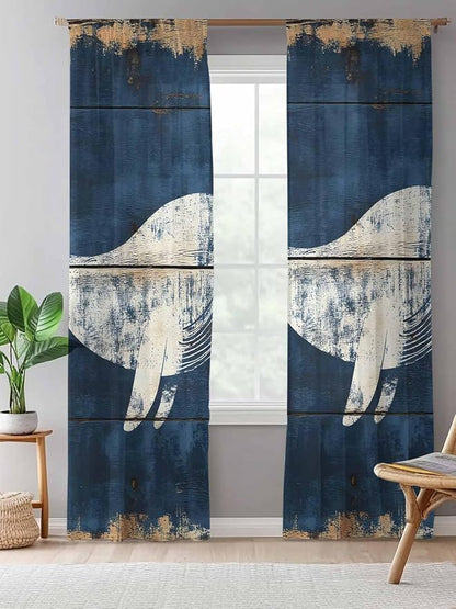 Sheer Curtains 84 Inches Long, Ocean Whale Blue Semi Sheer Curtains Light Filtering Window Treatment, Summer Sea Vintage Wooden Grain Privacy Voile Drapes for Living Room Bedroom 52x84 Inch