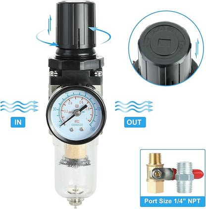 Hromee 1/4 Inch Air Compressor Filter Regulator Combo, Water Oil Separator with Pressure Gauge, Manual Drain, Ball Valve and Bracket AW2000-02