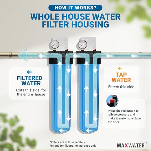 Max Water 20x4.5 Whole House Water Filter Housing, Heavy Duty Big Filter Blue Housing w/Pressure Release, Wrench and Bracket, 1" NPT, 20 Inch, Pack of 2