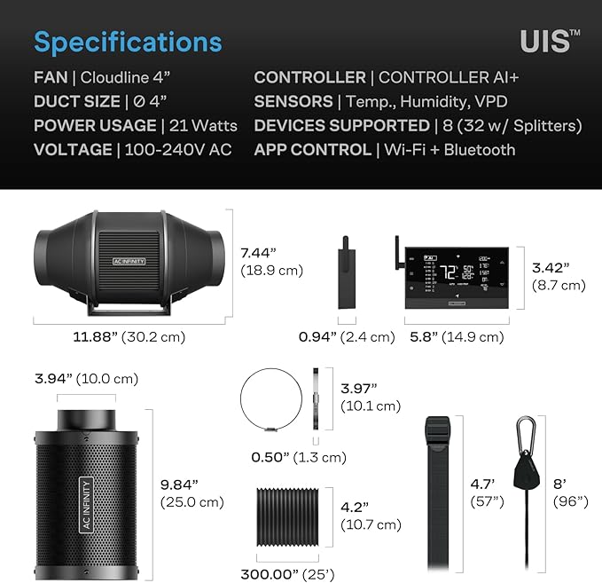 AC Infinity Air Filtration PRO Kit 4”, AI Controller with WiFi App Control & Auto Level Adjusting, Inline Fan, Carbon Filter, Ducting, Ventilation System for Grow Tents, Hydroponics, Indoor Gardening
