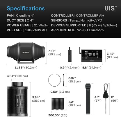 AC Infinity Air Filtration PRO Kit 4”, AI Controller with WiFi App Control & Auto Level Adjusting, Inline Fan, Carbon Filter, Ducting, Ventilation System for Grow Tents, Hydroponics, Indoor Gardening