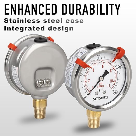 0 to 160 Psi Lead-Free Pressure Gauge, Glycerin Liquid Filled, 2.5 inch Dial, 1/4" NPT Lower Mount, Stainless Steel Case, for Regulator, Potable Water Pump, RV Hose, Well, Air, Pressure Test