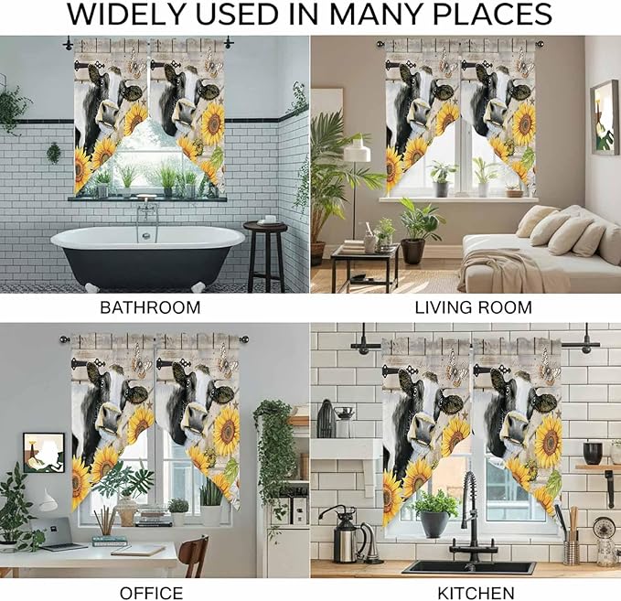 Yellow Sunflowers Swag Valances for Windows, Farmhouse Cow Barn Doors Floral Butterfly Rod Pocket Kitchen Curtains Valance, Small Window Curtains Swag for Cafe Living Room, 2 Panels, 36x36 inch