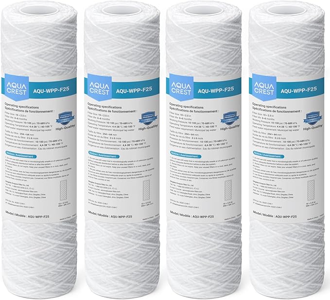 AQUA CREST AP110 5 Micron 10"x2.5" String Wound Whole House Water Filter Replacement for 3M® Aqua-Pure AP110, Culligan® P5, APEC, GE FXUSC, Whirlpool®, Any 10" x 2.5" Home Water Filter, Pack of 4