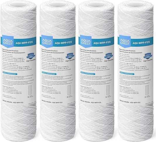 AQUA CREST AP110 5 Micron 10"x2.5" String Wound Whole House Water Filter Replacement for 3M® Aqua-Pure AP110, Culligan® P5, APEC, GE FXUSC, Whirlpool®, Any 10" x 2.5" Home Water Filter, Pack of 4