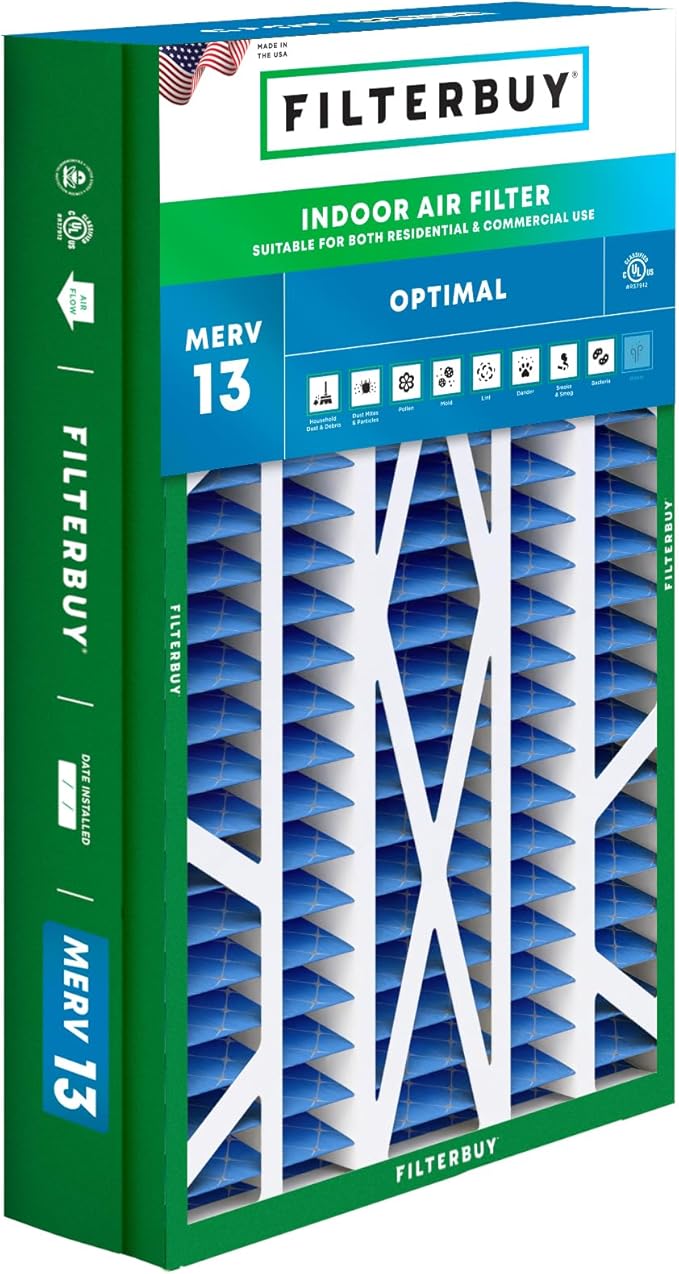 Filterbuy 14.5x27x5 Air Filter MERV 13 Optimal Smoke & Allergy Defense (1-Pack), Pleated HVAC AC Furnace Filters for Trane, American Standard, Honeywell, and More (Actual Size: 14.06 x 26.13 x 4.97)