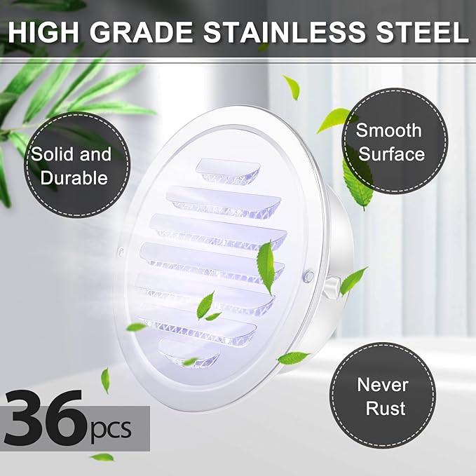 Zonon 36 Pcs Stainless Steel Soffit Vents 4 Inch Round Dryer Vent Cover with Mesh Screen for Home Outdoor Bathroom Wall Ceiling Outside Exterior Exhaust (White)