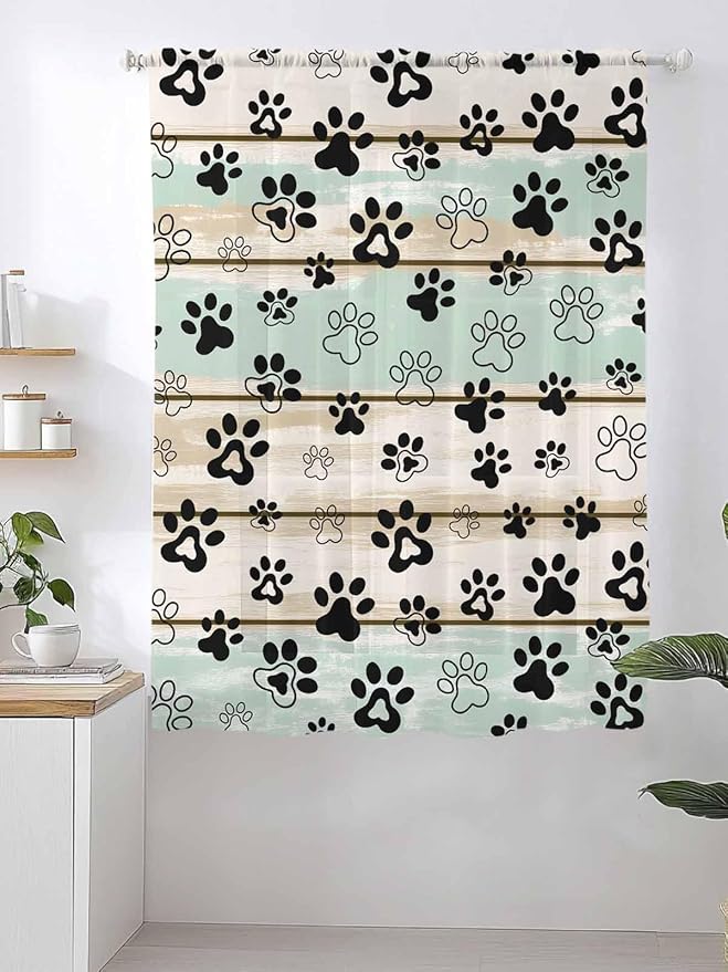 Sheer Curtains 63 Inch Length, Sage Green Beige Farmhouse Semi Sheer Curtains Light Filtering Window Treatment, Black Dog Paw Vintage Wooden Privacy Voile Drapes for Living Room Bedroom 52x63 Inch