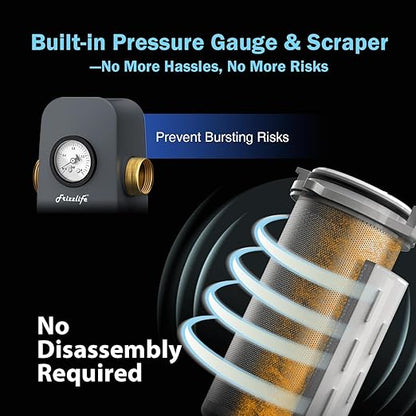 Frizzlife 40 & 100 Micron Spin Down Sediment Water Filter with Pressure Display and Built-in Scraper, Reusable and Flushable Whole House Pre-Filtration System, 1" + 3/4" NPT, BPA Free, JG40-100