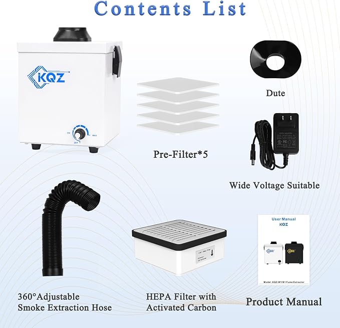KQZ-W1 Solder Fume Extractor, 168m³/h Strong Suction Smoke Extractor, 5*Thick Pre-Filter+H13 HEPA Soldering Fume Extractor, 99.99% Purification Smoke Absorber for Welding Soldering 3D Printing White
