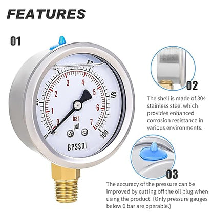 0-100 Psi Lead-Free Glycerin Liquid Filled Low Pressure Gauge, 2.5" Dial Size, 1/4" G Lower Mount, 304 Stainless Steel Case, for Water Pipe, HVAC, Water Oil Air Pressure Test