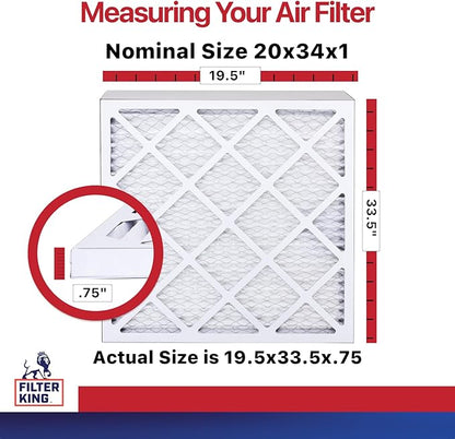 Filter King 20x34x1 Air Filter | 6-PACK | MERV 11 HVAC Pleated A/C Furnace Filters | MADE IN USA | Actual Size: 19.5 x 33.5 x .75"