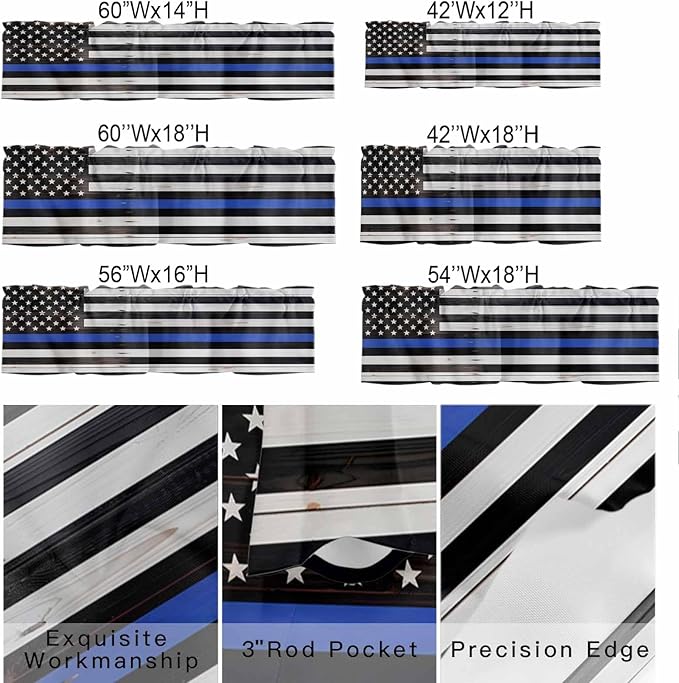 American Flag Valances for Windows, Blue Line Star Black White Stripes Wood Grain Kitchen Valance Light Filtering Rod Pocket Short Curtains for Kitchen Bathroom, 1 Panel, 42"x18"