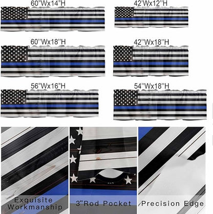 American Flag Valances for Windows, Blue Line Star Black White Stripes Wood Grain Kitchen Valance Light Filtering Rod Pocket Short Curtains for Kitchen Bathroom, 1 Panel, 60"x18"