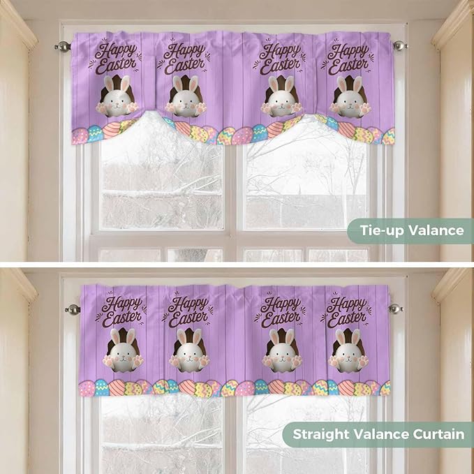 Purple Easter Tie Up Valance Curtains for Windows, Kitchen Curtains Window Shades, Spring Cartoon Bunny Colorful Eggs Wood Grain Light Filtering Curtain Valances for Bedroom/Bathroom/Cafe 54"x18"