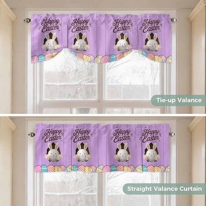 Purple Easter Tie Up Valance Curtains for Windows, Kitchen Curtains Window Shades, Spring Cartoon Bunny Colorful Eggs Wood Grain Light Filtering Curtain Valances for Bedroom/Bathroom/Cafe 54"x18"