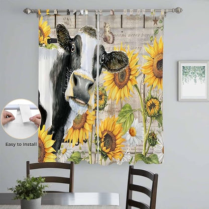 Yellow Sunflowers Living Room Curtains 84 Inch Length, Window Curtains Tab Top, Farmhouse Cow Barn Doors Floral Butterfly Light Filtering Window Treatments Drapes 52"x84" 2 Panel
