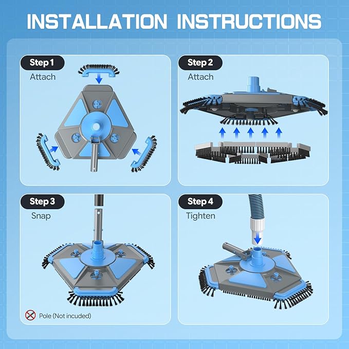 UIRWAY Upgrade Pool Vacuum Head with Side Brush & 360° Swivel Cuff, 1-1/2" x 30 Ft Heavy Duty Manual Kink-Resistant Vacuum Hoses, Weighted Triangular Shape for Inground & Above Ground Pool(No Pole)