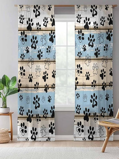 Sheer Curtains 96 Inches Long, Blue Beige Paw Print Semi Sheer Curtains Light Filtering Window Treatment, Vintage Farmhouse Rustic Wooden Grain Privacy Voile Drapes for Living Room Bedroom 52x96 Inch