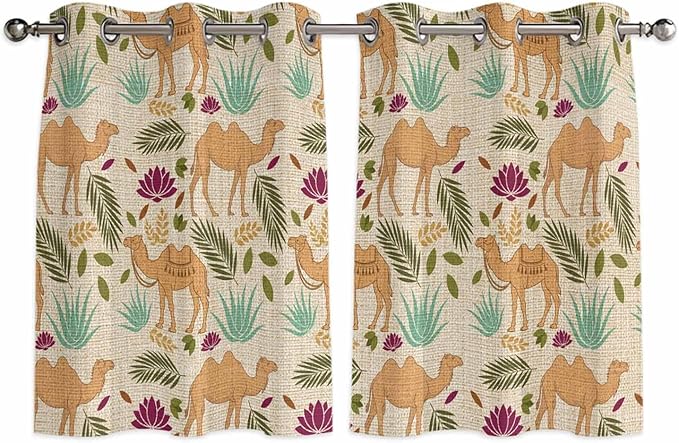 2 Panel Kitchen Cafe Curtains, Desert Camels Sunlight Filtering Nature Air Through, Home Decor Window Covering Tier Curtains for Bedroom Living Room Vintage Sand Animals Aloe Vera Leaves Beige