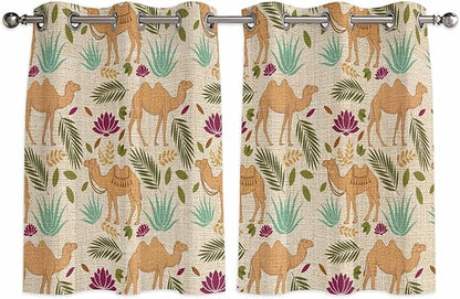 2 Panel Kitchen Cafe Curtains, Desert Camels Sunlight Filtering Nature Air Through, Home Decor Window Covering Tier Curtains for Bedroom Living Room Vintage Sand Animals Aloe Vera Leaves Beige
