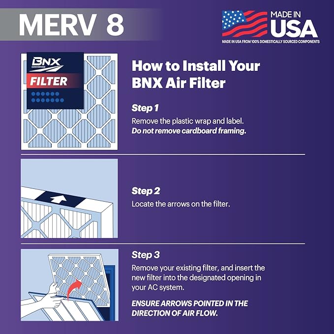 BNX TruFilter 20x25x1 Air Filter MERV 8 (4 Pack) - MADE IN USA – Dust & Pet Defense Electrostatic Pleated Air Conditioner HVAC AC Furnace Filters for Dust, Pet, Mold, Pollen MPR 600 – 700 & FPR 5