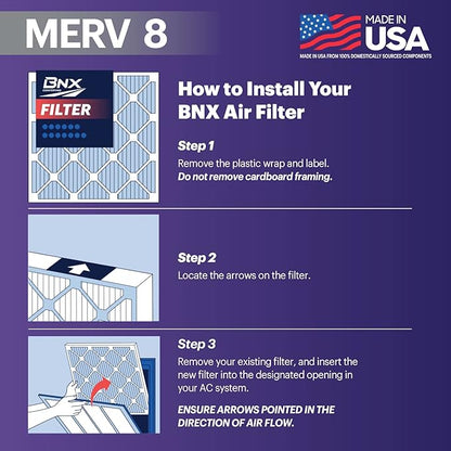 BNX 20x25x1 MERV 8 Air Filter 2 Pack - MADE IN USA - Electrostatic Pleated Air Conditioner HVAC AC Furnace Filters - Removes Dust, Mold, Pollen, Lint