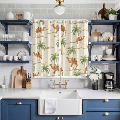 2 Panel Kitchen Cafe Curtains, Date Coconut Tree Sunlight Filtering Nature Air Through, Home Decor Window Covering Tier Curtains for Living Room 80W x 63L inch Desert Camels Botanical Tropical Beige