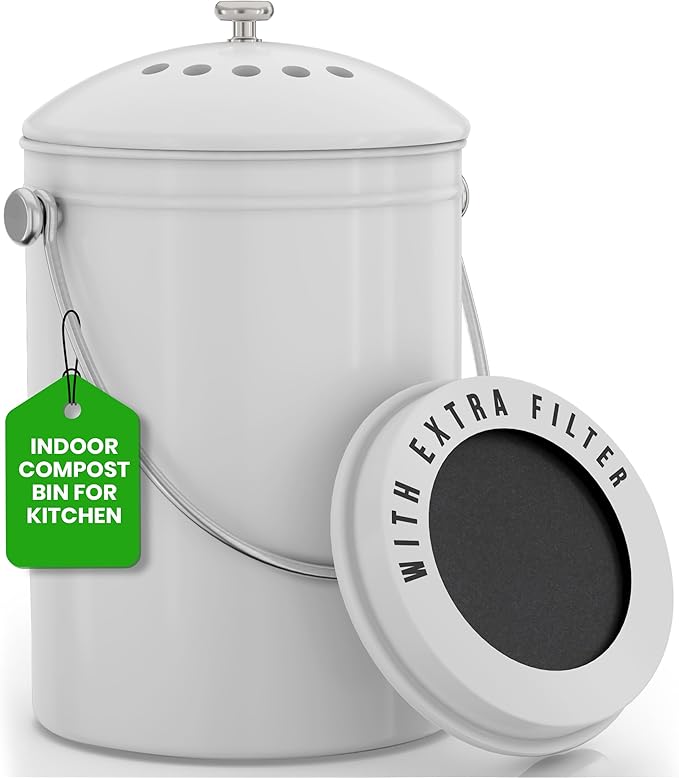 Utopia Kitchen Compost Bin for Kitchen Countertop, 1 Gallon Compost Bucket for Kitchen with Lid, Includes 1 Spare Charcoal Filter (White)