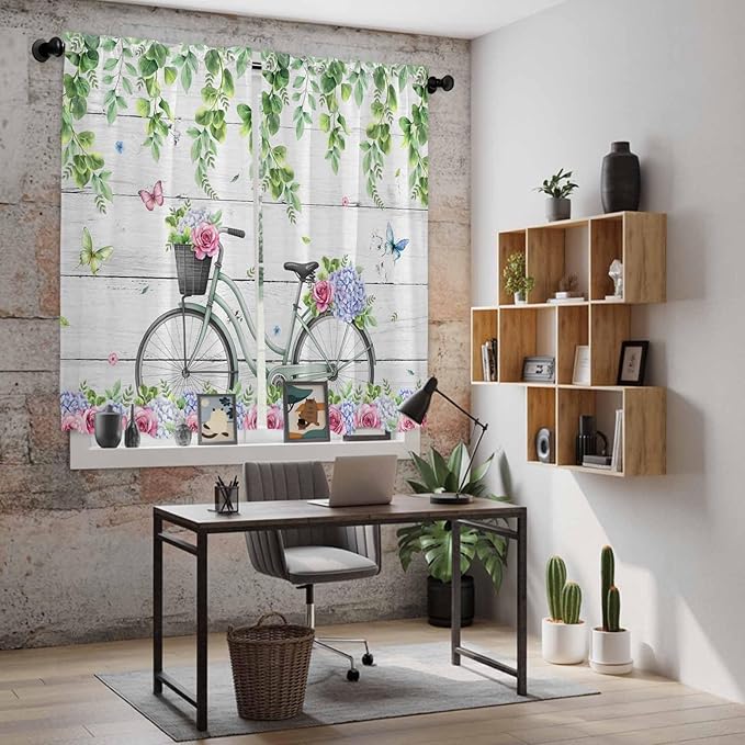 Spring Kitchen Curtains, Bicycles Botanical Rose Leaves Butterfly Wood Grain Light Filtering Window Curtain Panels, 2Pcs Rod Pocket Window Treatments Set for Living Room Bathroom Bedroom 42x63 Inches
