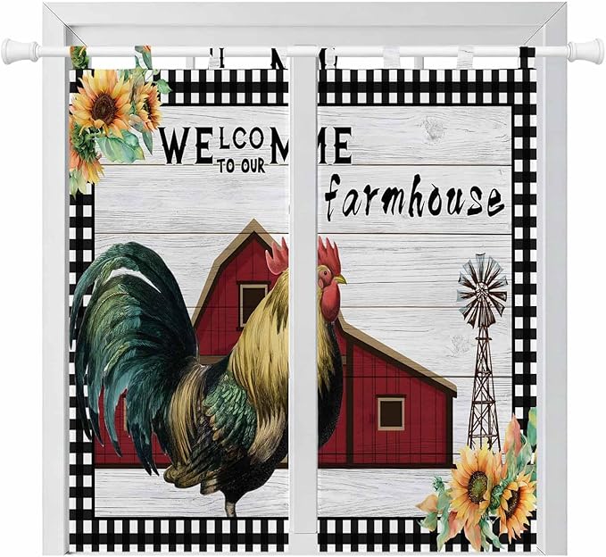 Farmhouse Rooster Bathroom Curtains 63 Inch Length, Window Curtains Tab Top, Rustic Red Barn Windmill Sunflowers Light Filtering Window Treatments Drapes 52"x63" 2 Panel