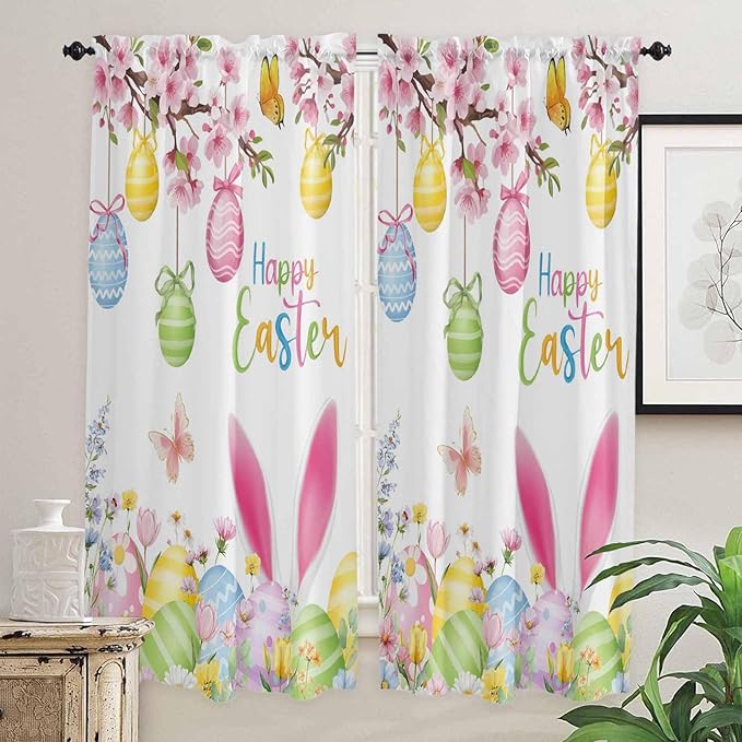 Happy Easter Living Room Curtains 72 Inches length, Spring Watercolor Bunny Eggs Flower Branch Window Treatment Curtain Drapes, Light Filtering Drapes for Bedroom Laundry Room, 52"x72", 2 Panels