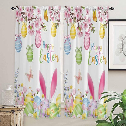 Happy Easter Living Room Curtains 72 Inches length, Spring Watercolor Bunny Eggs Flower Branch Window Treatment Curtain Drapes, Light Filtering Drapes for Bedroom Laundry Room, 52"x72", 2 Panels