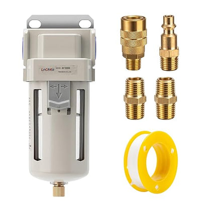Air Line Filter,3/8" NPT Port for Clean Air System AF3000-03,Air Dryer for Compressor,0-150PSI,5 Micron Brass Element,Semi-Auto Drain, Poly Bowl,Bracket