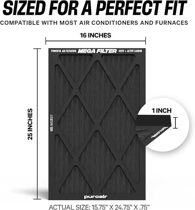 PuroAir MegaFilter - 16x25x1 Air Filter MERV 13 Activated CarbonTech Defense - Heavy Duty 3 Layer Furnace Filters Allergens, Pollen, Dust, Pet Dander, Smoke, Odors - HVAC Air Filter 16x25x1 (2-Pack)