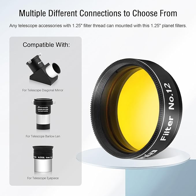 Astromania Telescope Filter, Planetary Filter with Metal Frame for Astronomical Telescope Eyepiece, 1.25 Inch Telescope #12 Yellow Color Filter for Enhancing Contrast in Lunar Planetary Observation