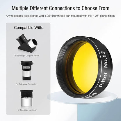 Astromania Telescope Filter, Planetary Filter with Metal Frame for Astronomical Telescope Eyepiece, 1.25 Inch Telescope #12 Yellow Color Filter for Enhancing Contrast in Lunar Planetary Observation