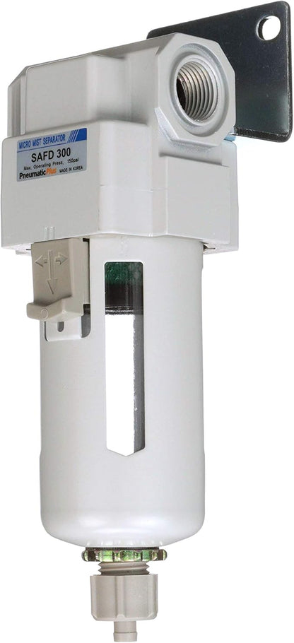PneumaticPlus SAFD300-N03B Compressed Air Coalescing Filter, 0.01 Micron 3/8" NPT - Poly Bowl, Manual Drain, Bracket