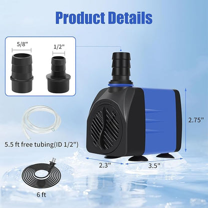 AQUANEAT Fountain Pump, 480 GPH Submersible Water Pump with 5 ft Tubing, for Aquarium Fish Tank, Pet Water Fountain, Hydroponics, Pond Waterfall Filter Pump