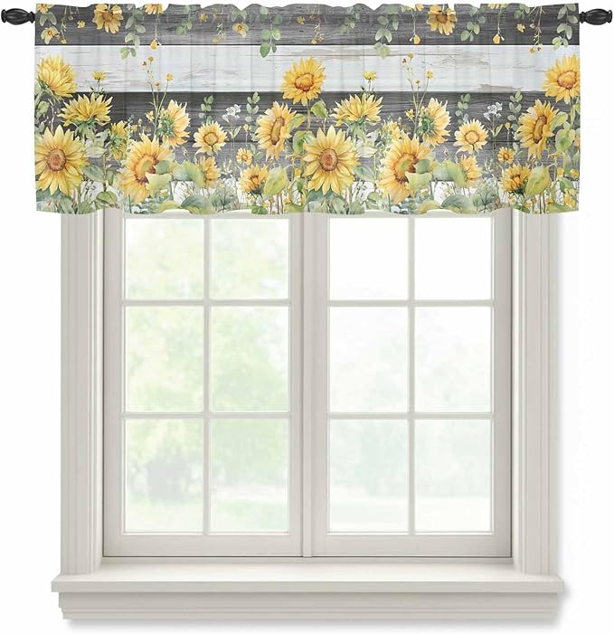 Summer Floral Sheer Valance Curtains, Watercolor Sunflower Eucalyptus Leaves Black Wood Grain Light Filtering Kitchen Valances Rod Pocket Voile Curtain for Bedroom/Living Room/Basement 60Wx18L